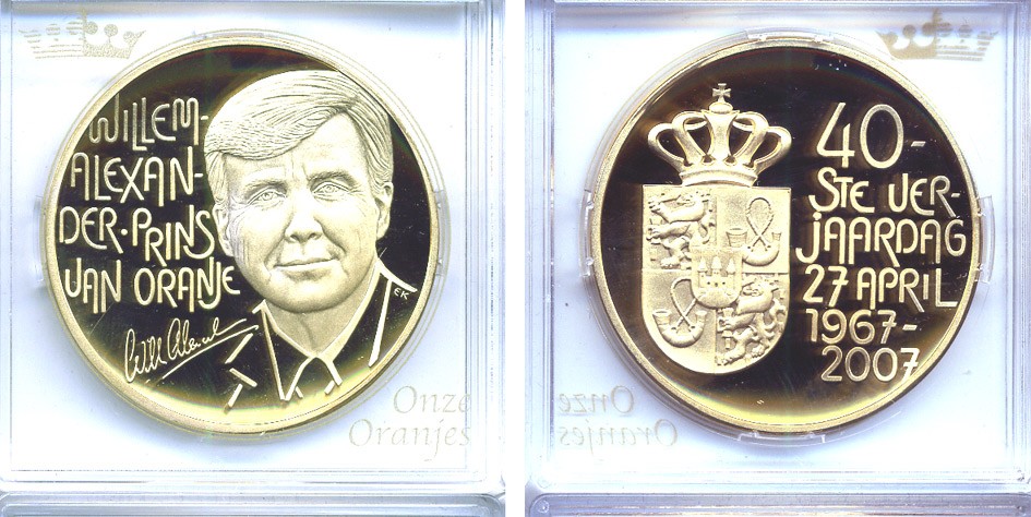 НИДЕРЛАНДЫ МЕДАЛЬ ND 40 ЛЕТ ПРИНЦУ НИДЕРЛАНДОВ ВИЛЬЯМУ АЛЕКСАНДРУ (1967-2007) бронза, позолота PROOF 5-3-1-71