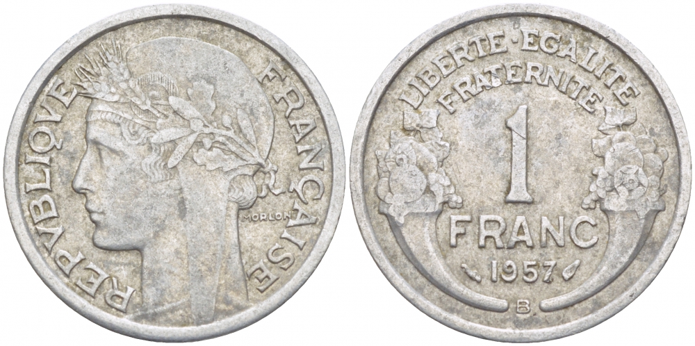 ФРАНЦИЯ 1 ФРАНК 1957 KM 885a 1 алюминий 4402-1112