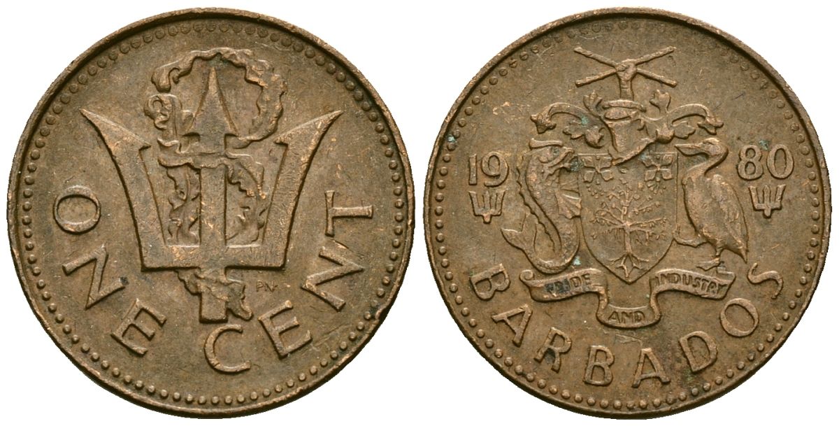 Барбадос 1 цент 1980 сломанный трезубец Британии KM 10 бронза 4136-832