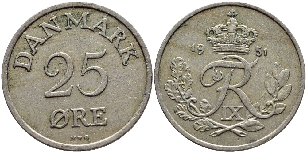 Дания 25 эре 1951 N; S, Фредерик IX (1947-1972) KM 842 медно-никель 4398-932