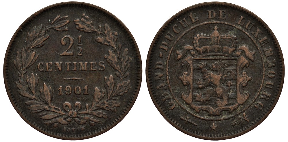 Люксембург 2 1/2 сантима 1901 великий герцог Адольф (1890-1905), BARTH КМ 21 бронза 4538-812