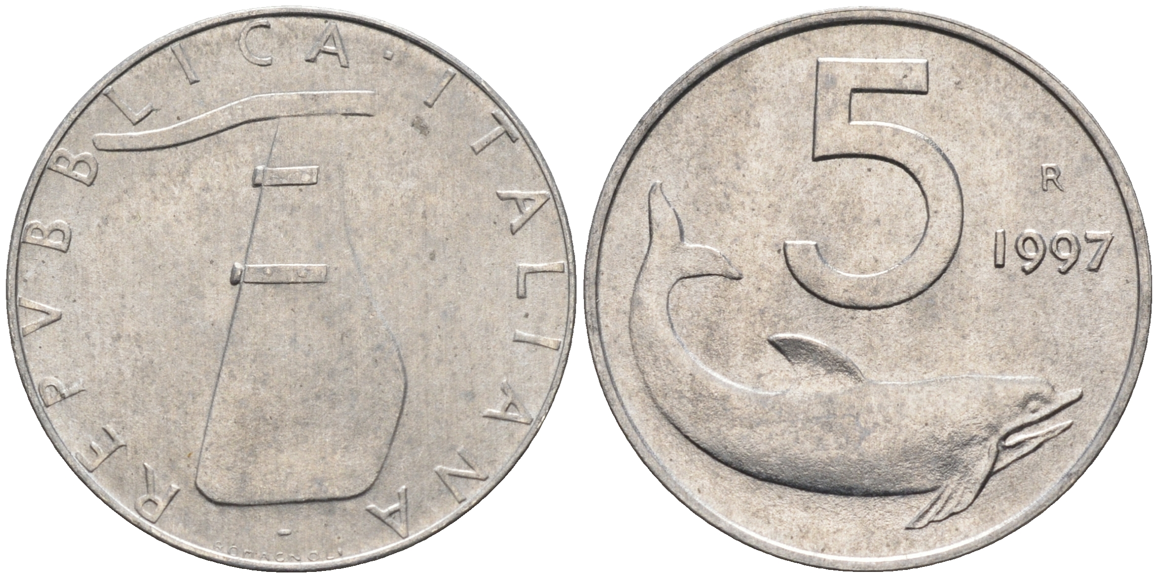 Италия 5 лир 1997 R, дельфин KM 92 алюминий  UNC  4594-665