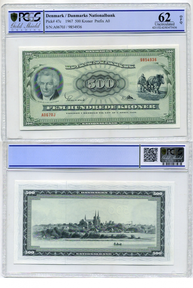 Дания 500 крон 1967 Кристиан Дитлев Фредерик, граф Ревентлоу, в слабе PCGS 62 Uncirculated Pick 47c бумага UNC (пресс) 00-000-00