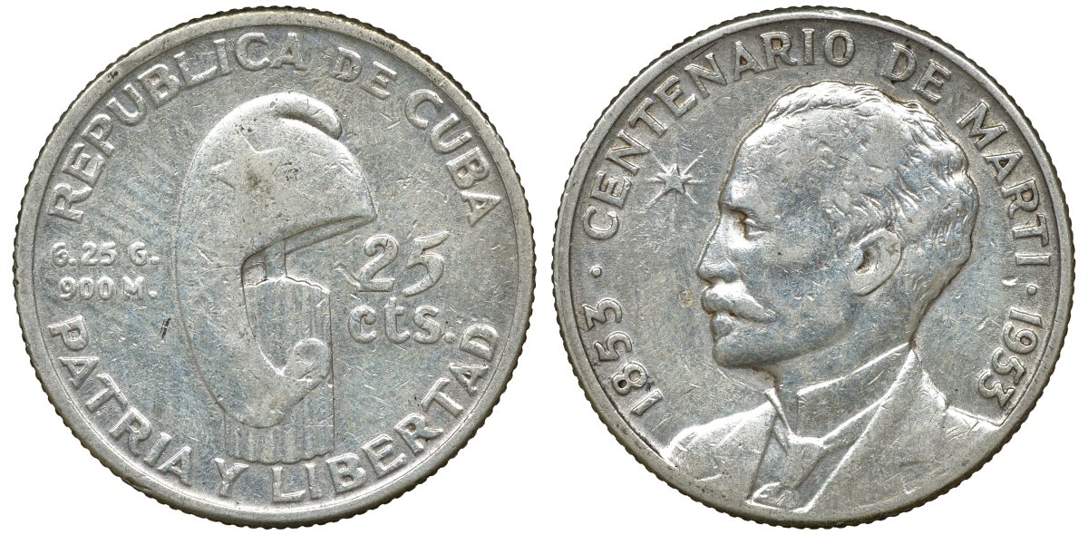 Куба 25 сентаво 1953 100 лет со дня рождения Хосе Марти KM 27 серебро 72-521