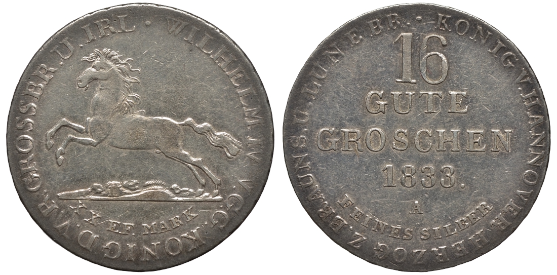 Брауншвейг-Каленберг-Ганновер 16 гутергрошенов 1833 A, Вильгельм IV (1830-1837) J. 33, AKS 66, Kahnt 212 серебро  aUNC  11-119-57