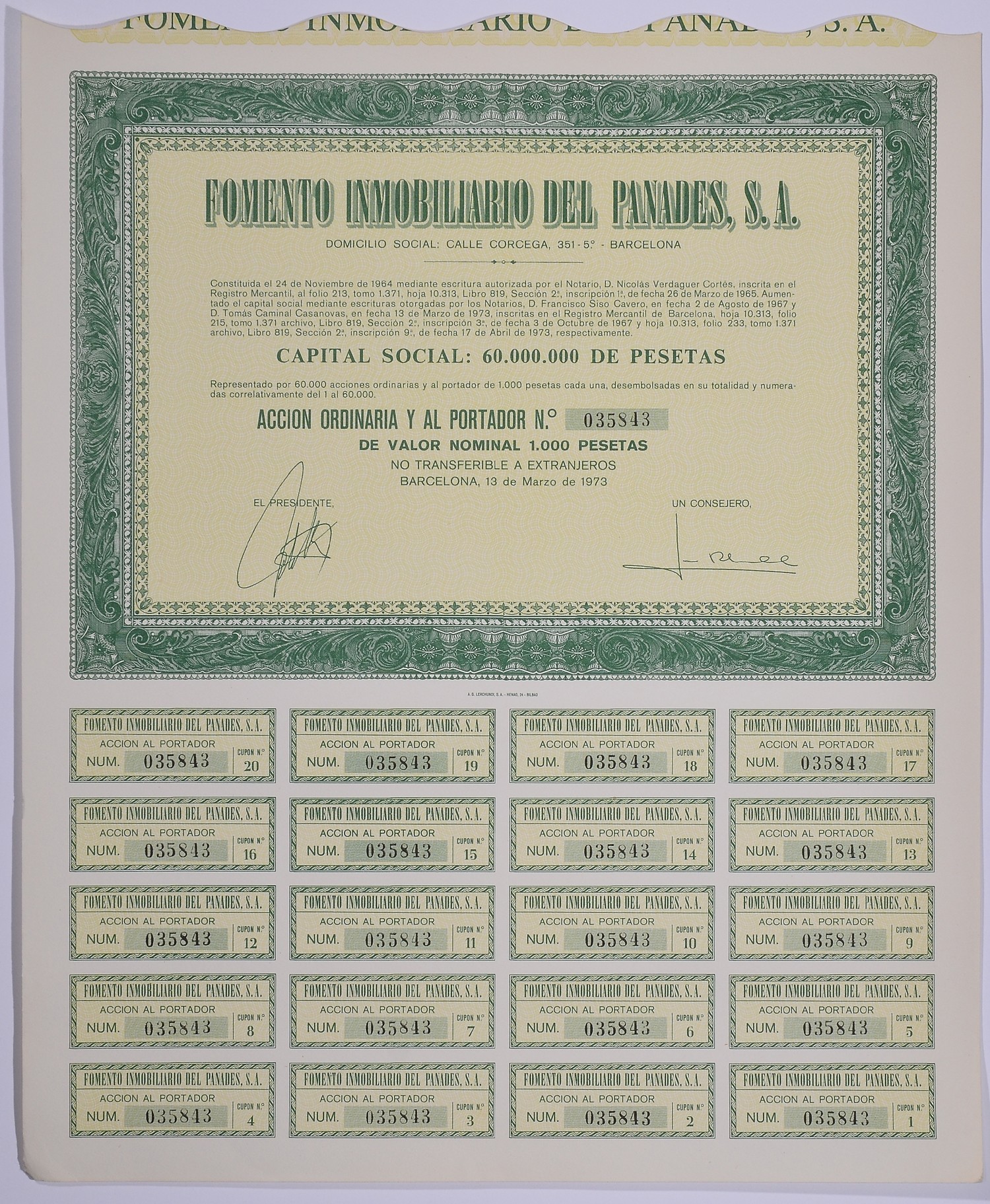 Испания акция на 1000 песет 1973 Fomento Inmobiliario del Panades, S.A., Барселона 1973, с купонами бумага 5544-13