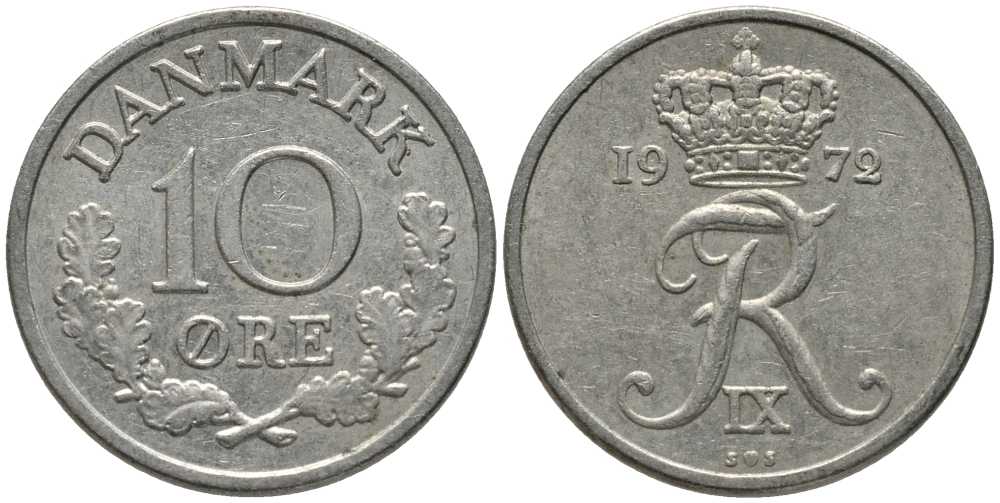 ДАНИЯ 10 ЭРЕ 1972 S; S, ФРЕДЕРИК IX (1947-1972) KM 849.2 медно-никель 116-233