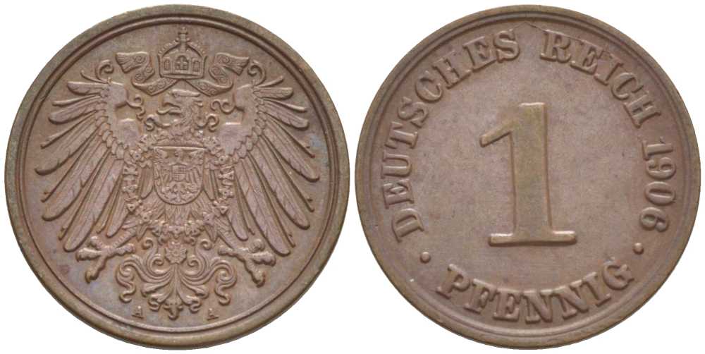 ГЕРМАНИЯ 1 ПФЕННИГ 1906 A KM 10, J. 10, Weege 2 медь 211-342