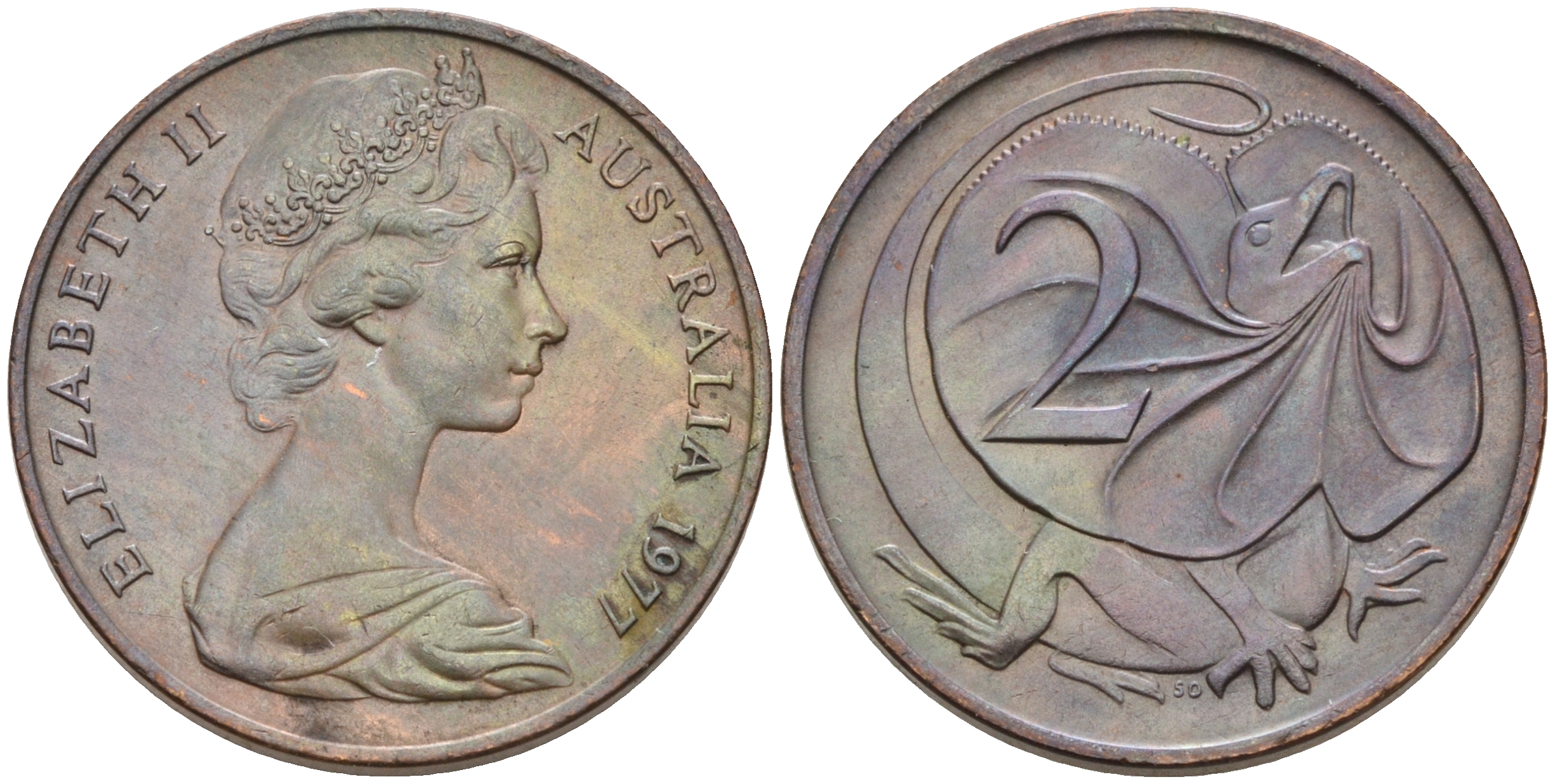 АВСТРАЛИЯ 2 ЦЕНТА 1977 ЕЛИЗАВЕТА II, МОЛОДОЙ ПОРТРЕТ, ПЛАЩЕНОСНАЯ ЯЩЕРИЦА (FRILLED LIZARD) KM 63 бронза UNC 4566-417