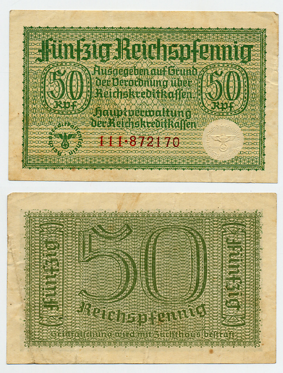 Германия 50 рейхспфеннигов 1940-1945 для оккупированных территорий Pick R135 бумага 6283-18-2-2