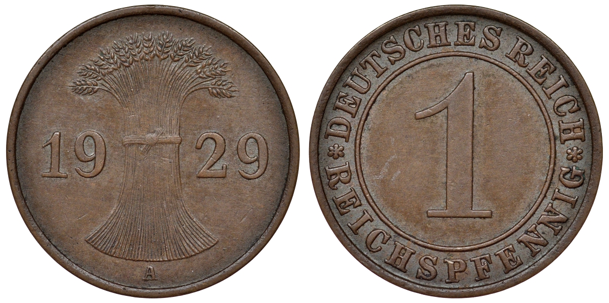 Германия 1 рейхспфенниг 1929 A KM 37, J. 313 бронза 4124-119