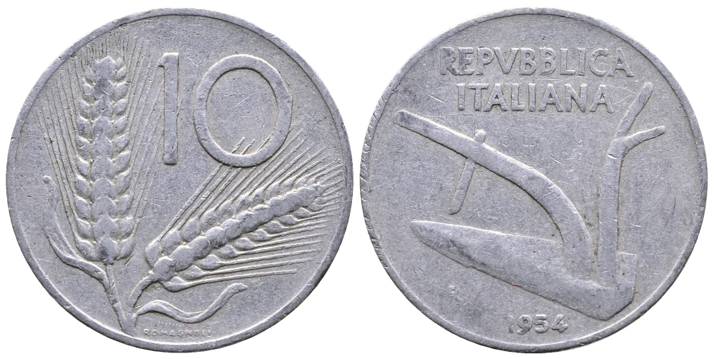 ИТАЛИЯ 10 ЛИР 1954 R, ПЛУГ KM 93 алюминий 51-5134