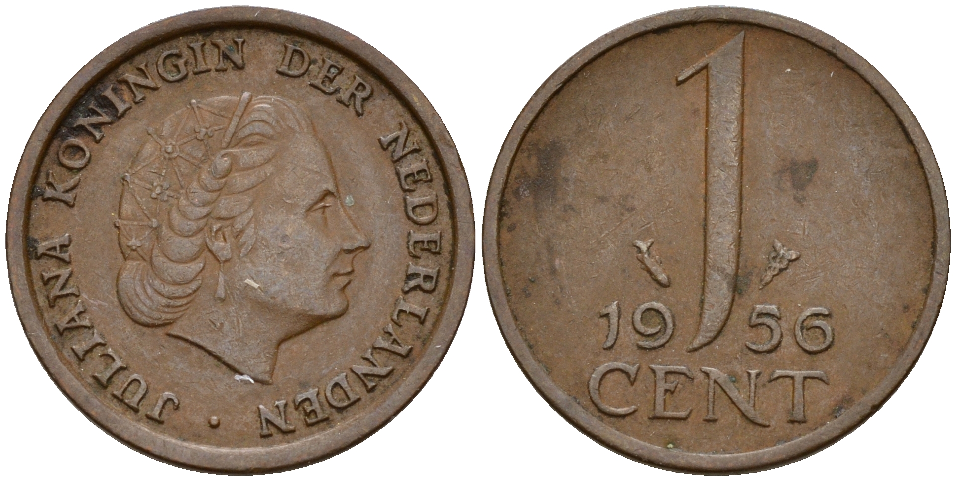 Нидерланды 1 цент 1956 Юлиана (1949-1980) KM 180 бронза    4598-165