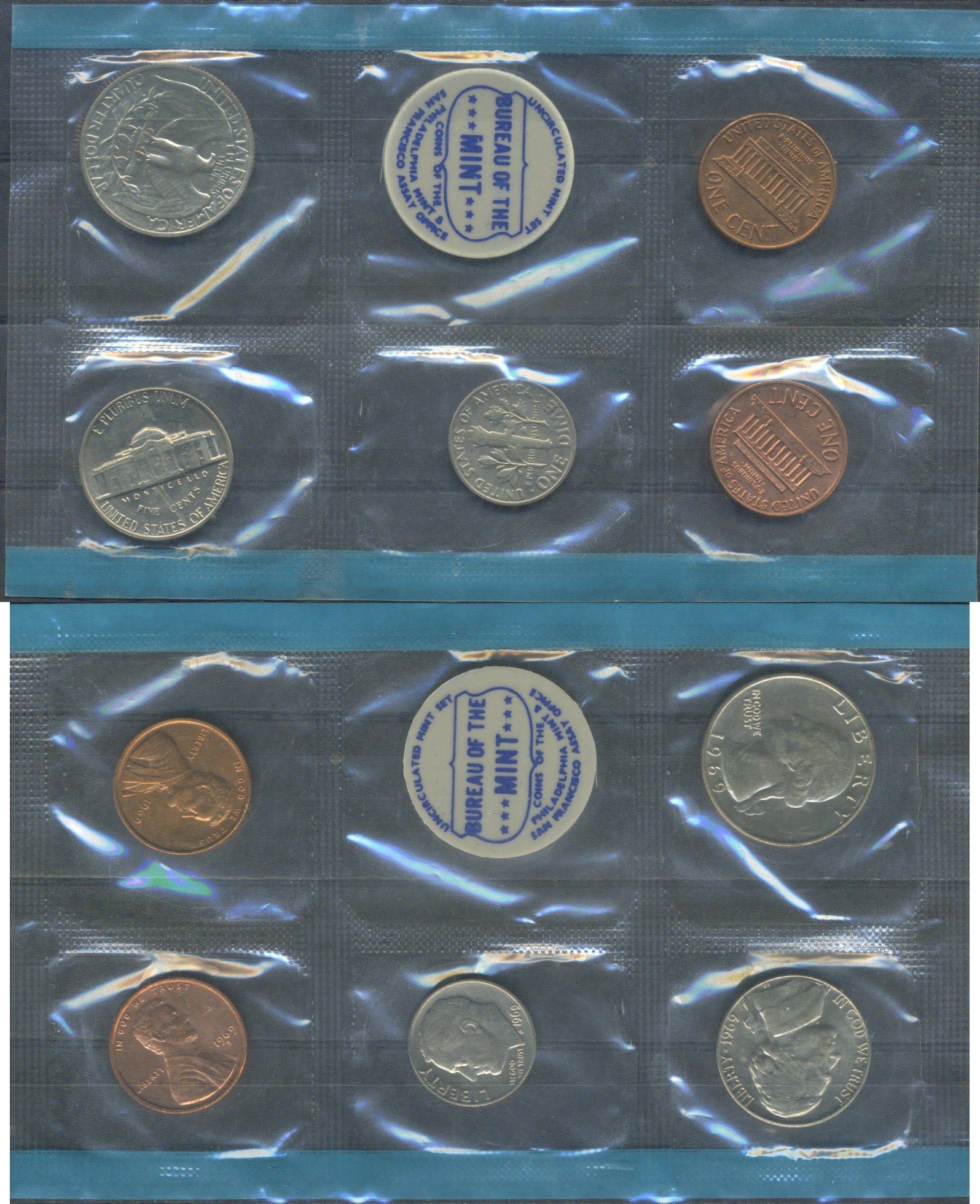 США набор из 4 монет (1, 5, 10 (дайм)и 25 (квотер, 1/4 доллара)) и отметки монетного двора 1969 в оригинальной упаковке, в запайке KM 164a, A192, 195a и 201 UNC 8-2-06-09