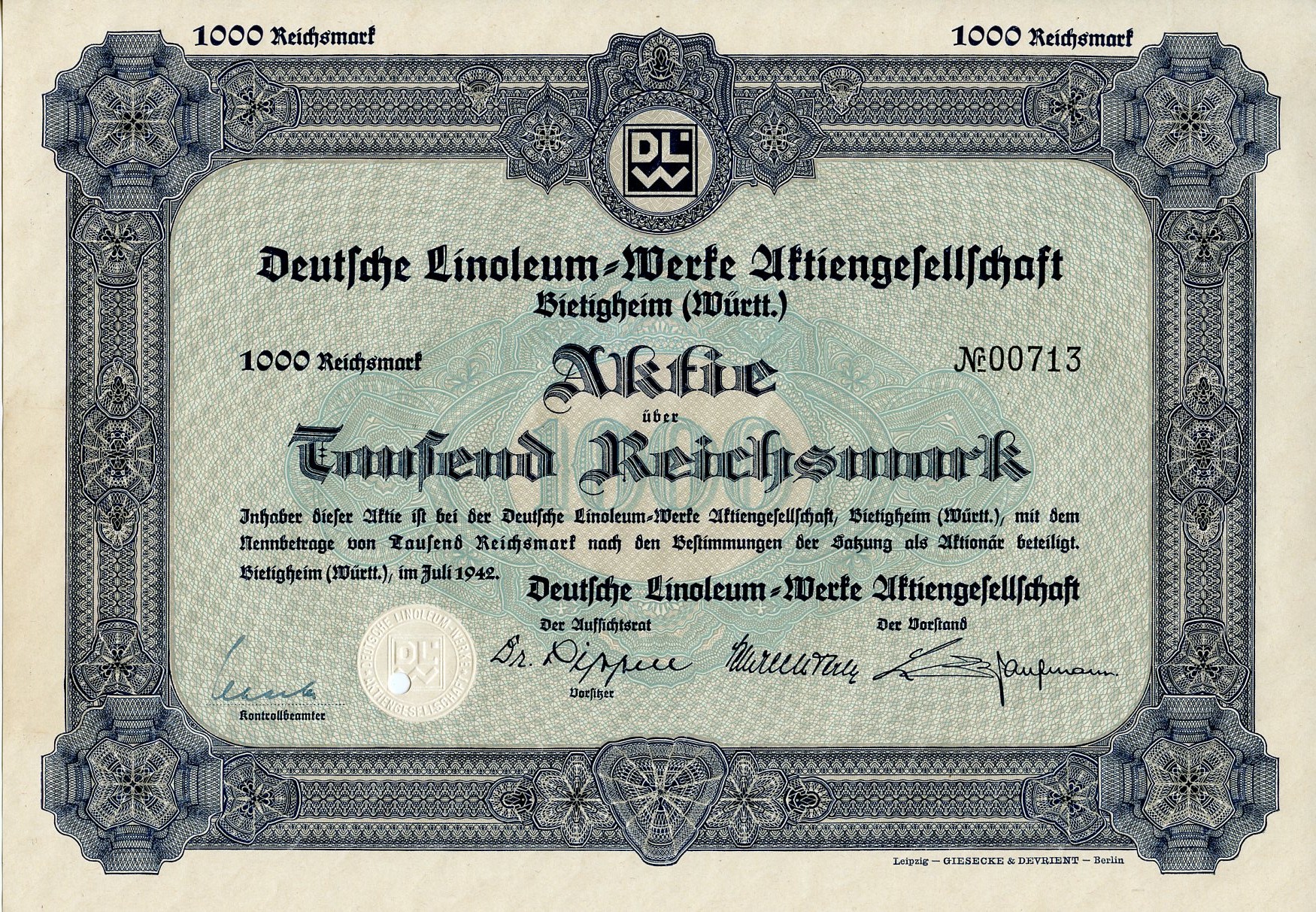 Германия 1000 рейхсмарок 1942 АО Немецкий линолеум-Верке, Битигхайм, акция   бумага   8804-117-1