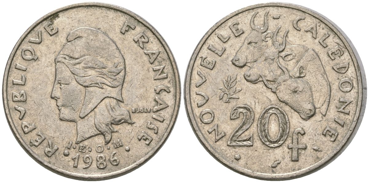 Французская Новая Каледония 20 франков 1986 три быка, (IEOM) KM 12, Schoen 14, Lec 112 никель 4123-423