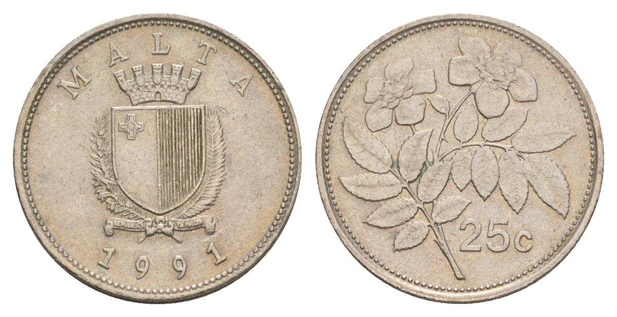 Мальта 25 центов 1991 шиповник вечнозелёный KM 97 медно-никель 4633-1157