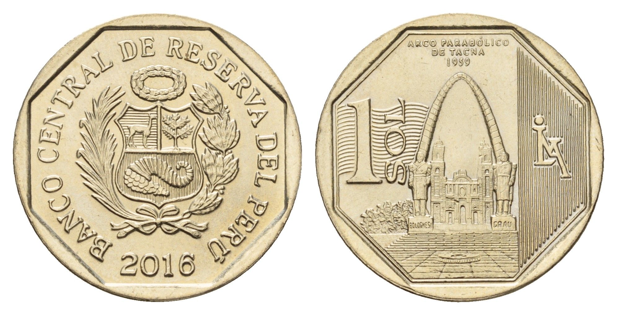 Перу 1 новый соль 2016 Богатство и гордость Перу - Параболическая арка, Такна KM 398 медь цинк никель UNC 3334-633