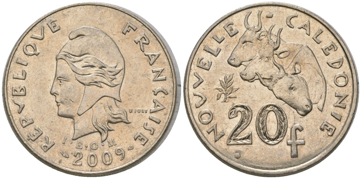 Французская Новая Каледония 20 франков 2009 три быка, (IEOM) KM 12a, Schoen 14a медно-никель 4131-1232