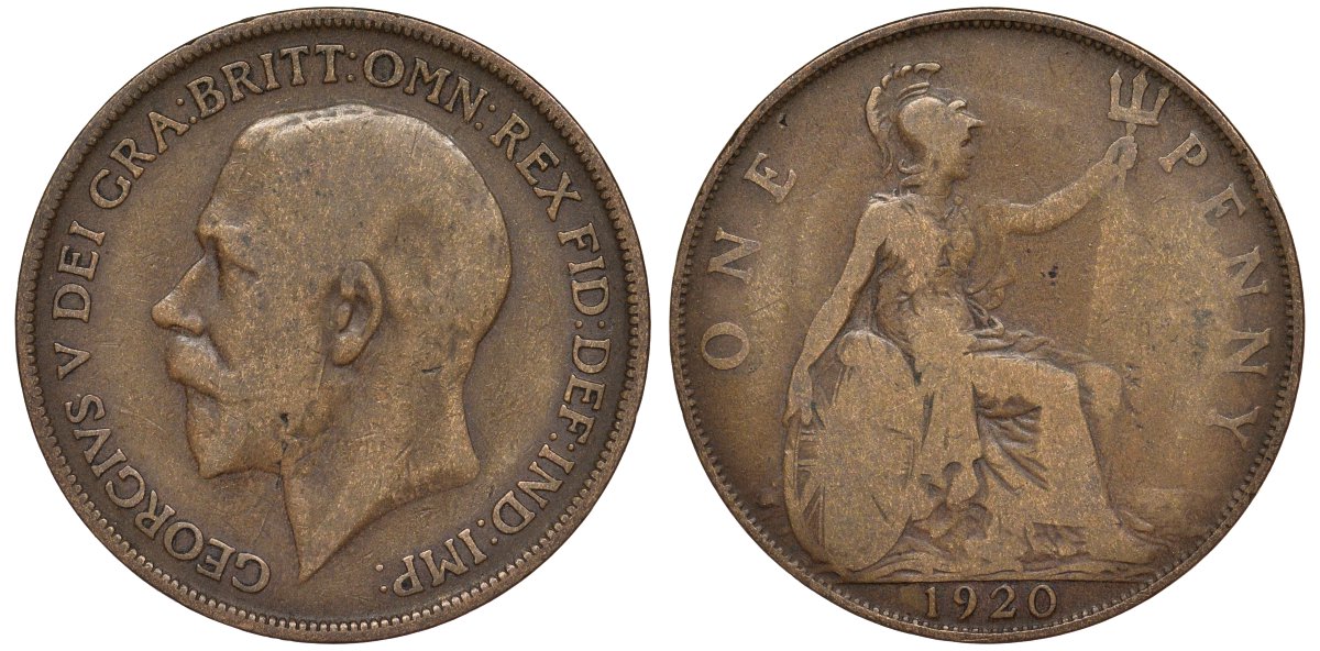 Великобритания 1 пенни 1920 Георг V (1910-1936) KM 810, Spink 4051 бронза 4123-1124