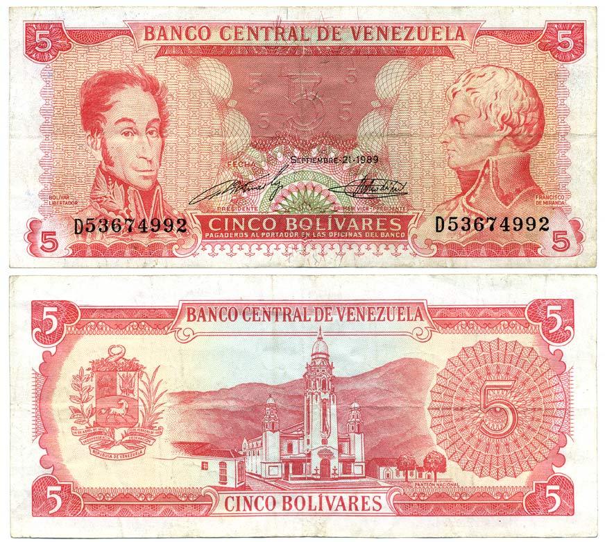 Венесуэла 5 боливаров 1989 Pick 70b бумага 8592-17-3-1