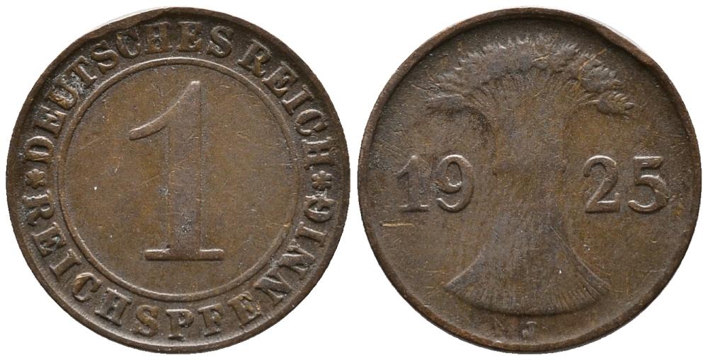 ГЕРМАНИЯ 1 РЕЙХСПФЕННИГ 1925 J KM 37, J. 313 бронза 39-912