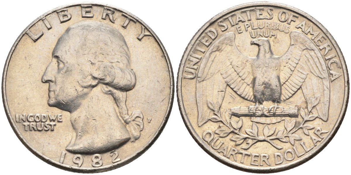 США 25 центов = квотер 1982 P, Вашингтон KM A164a медь плакированная медно-никелем 4584-1142