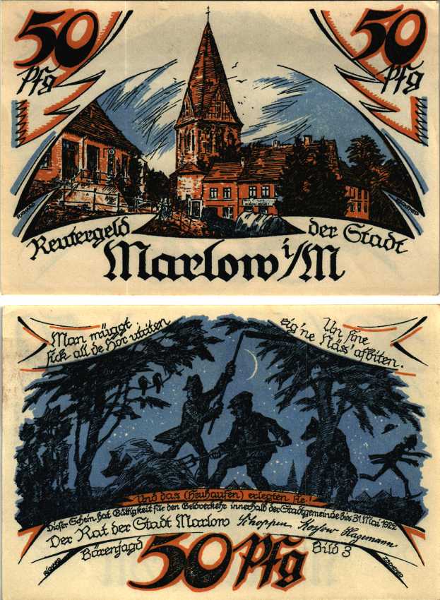 МАРЛОВ 50 ПФЕННИГОВ 1922 НОТГЕЛЬД, 1922 - 31 МАЯ 1922, ЗЕМЛЯ МЕКЛЕНБУРГ-ПЕРЕДНЯЯ ПОМЕРАНИЯ Grabowski 872.1 бумага 6318-44-1-3