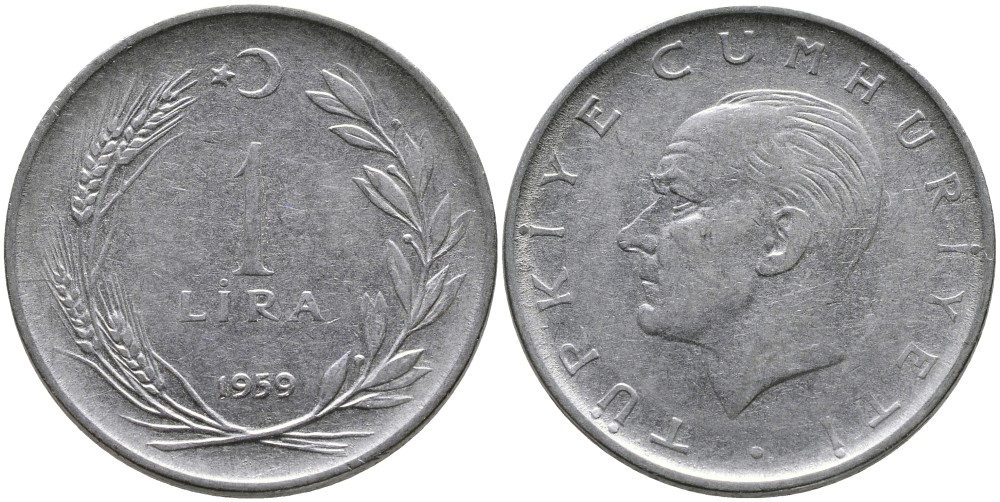 Турция 1 лира 1959 Мустафа Кемаль Ататюрк KM 889а.1 нержавеющая сталь 4541-232