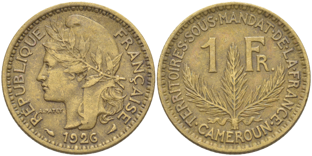 Французский Камерун 1 франк 1926 (а), монетный двор Париж KM 2 алюминиевая бронза    3856-243