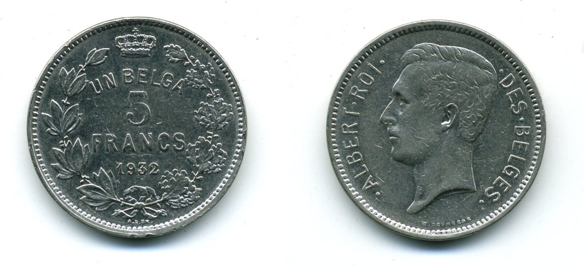 БЕЛЬГИЯ 5 ФРАНКОВ 1932 BELGES KM 97.1 никель 57-1016