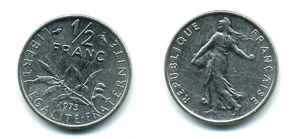 ФРАНЦИЯ 1/2 ФРАНКА 1973 КМ 931.1 никель 3999-817