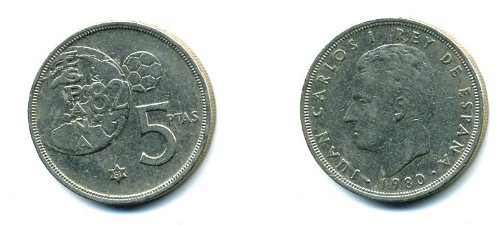 Испания 5 песет 1981 (80), Хуан Карлос , чемпионат мира по футболу, Испания 1982 KM 817 медно-никель 59-1735