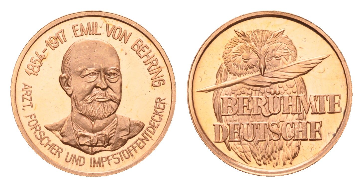 ФРГ медаль из серии знаменитые немцы - Эмиль фон Беринг (1854-1917) - известен как человек открывший сывороточную терапию 1980-ые диаметр 18 мм, вес 2,3 гр алюминий плакированный медью UNC 4625-1019