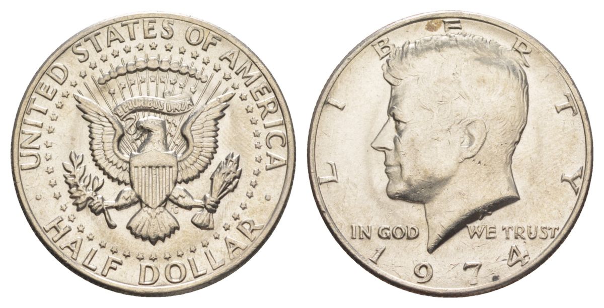 США 1/2 доллара (50 центов) 1974 Джон Кеннеди KM 202b медь плакированная медно-никелем aUNC 4536-423