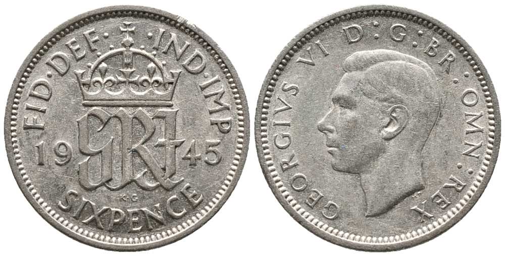 Великобритания 6 пенсов 1945 Георг VI (1936-1952) KM 852, Spink 4084 серебро  1518-521