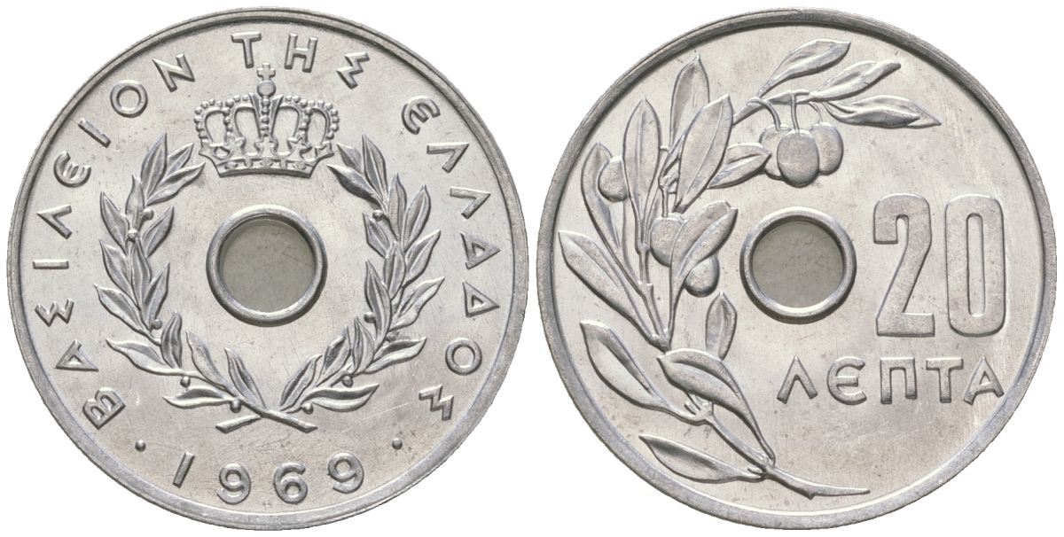 Греция 20 лепт 1969 Константин II (1964-1974), оливковая ветвь KM 79 алюминий UNC 106-721
