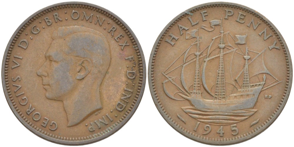 Великобритания 1/2 пенни 1945 Георг VI (1936-1952) KM 844, Spink 4115 бронза 3459-213
