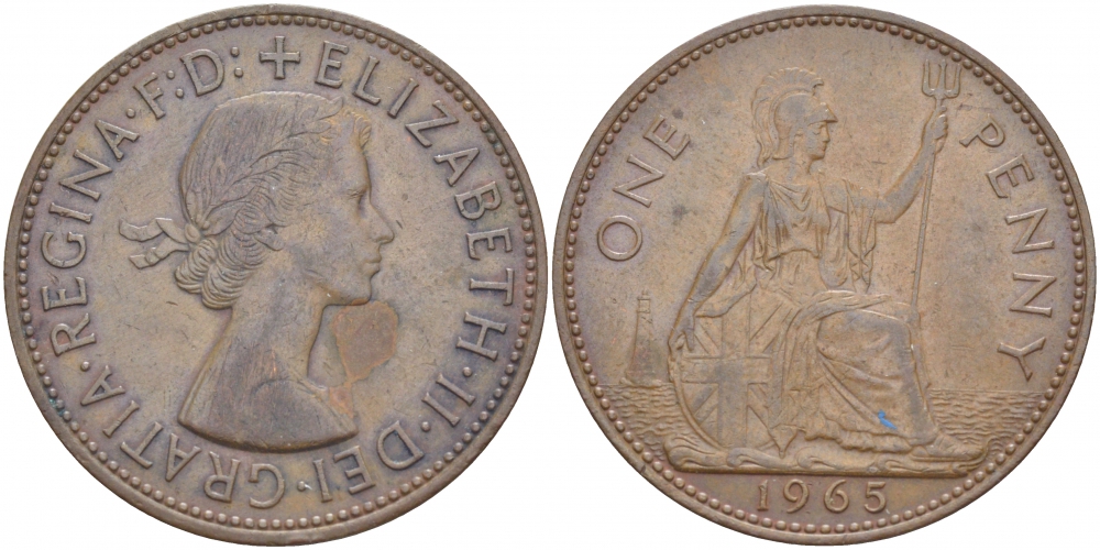 Великобритания 1 пенни 1965 Елизавета II (1952-2022) КМ 897, Spink 4157 бронза 3996-221