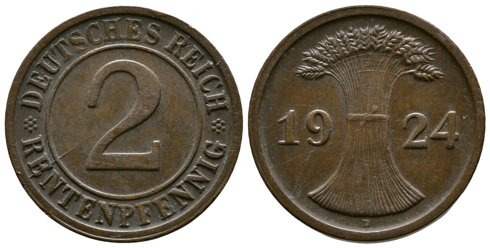 ГЕРМАНИЯ 2 РЕНТЕНПФЕННИГА 1924 D KM 31, J.307 бронза 86-1443
