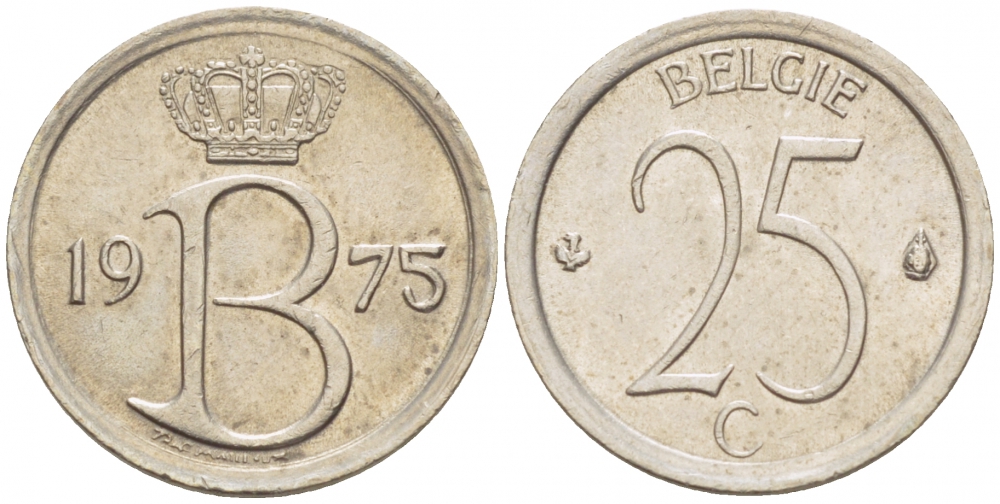 Бельгия 25 сантимов 1975 Belgie, Бодуэн I (1951-1993) KM 154.1 медно-никель UNC 3996-1142