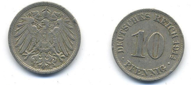 ГЕРМАНИЯ 10 ПФЕННИГОВ 1914 A KM 12, J. 13 медно-никель 58-412