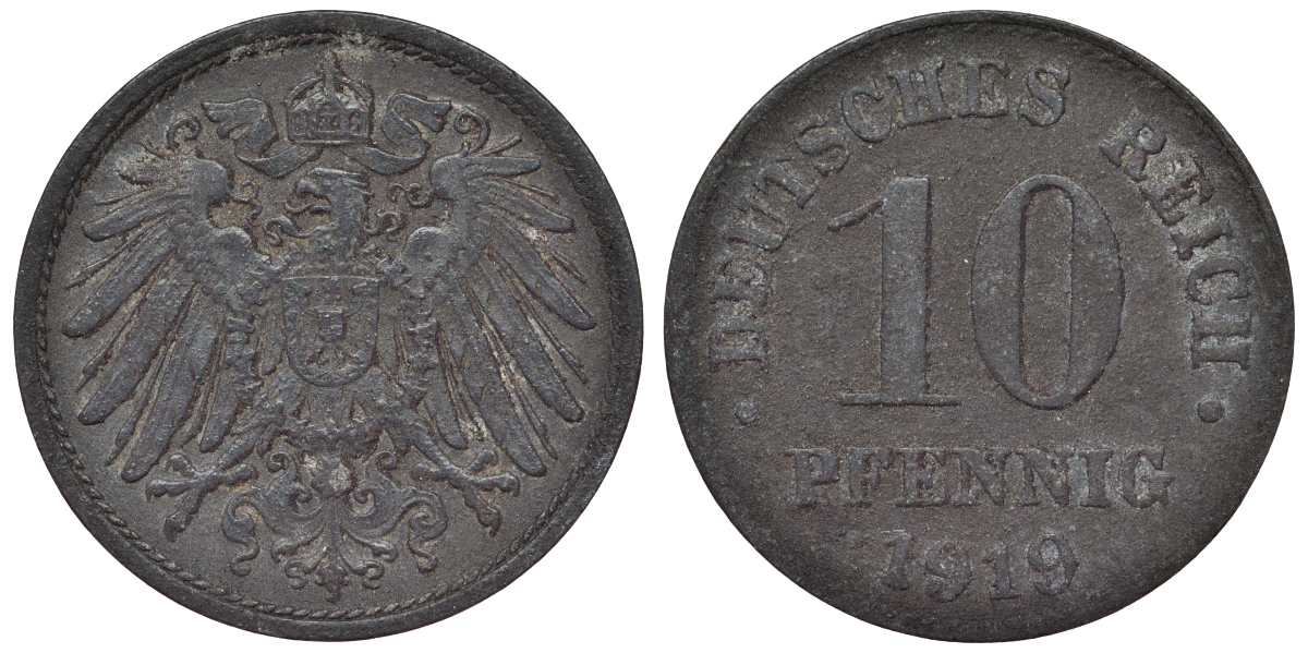 Германия 10 пфеннигов 1919 KM 26, J. 299, Weege 8 цинк 4119-414