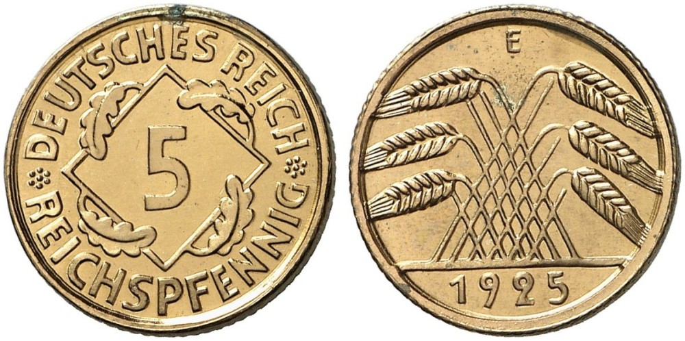 Германия 5 рейхспфеннигов 1925 E, тираж 61 экземпляров в пруфе KM 39, J. 316 алюминиевая бронза PROOF 10-009-40