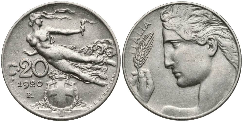 ИТАЛИЯ 20 ЧЕНТЕЗИМО 1920 R, ВИКТОР ЭММАНУИЛ III (1900-1946) KM 44 никель 4544-1231