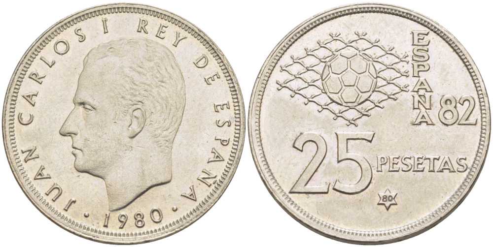 Испания 25 песет 1980 (80) чемпионат мира по футболу в Испании 1982 года, Хуан Карлос I (1975-) KM 818 медно-никель 111-911