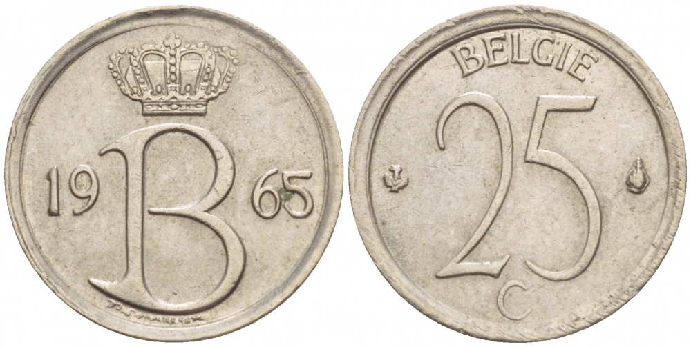Бельгия 25 сантимов 1965 Belgie, Бодуэн I (1951-1993) KM 154.1 медно-никель 4532-462