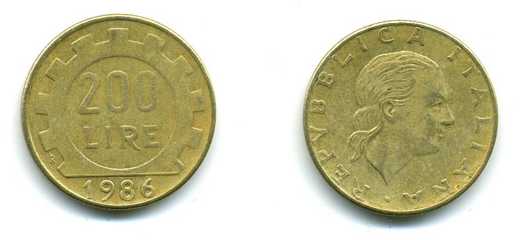 Италия 200 лир 1986 R, шестерня KM 105 алюминиевая бронза 25-927