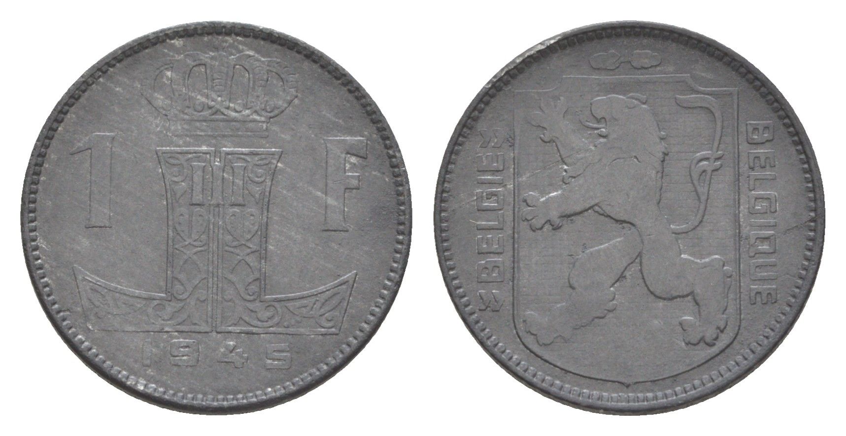 Бельгия 1 франк 1945 Belgique - Belgie, Леопольд III (1934-1947), германская оккупация, Вторая мировая война KM 128 цинк 4636-259