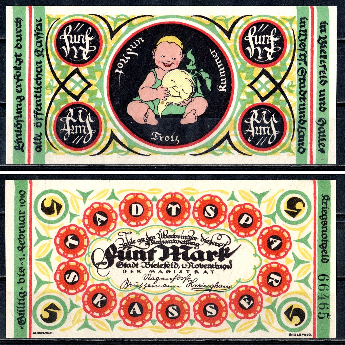 Билефельд (Пруссия, Вестфалия) 5 марок 1918 Geiger 046.07 бумага UNC (пресс) 7556-50-4-2